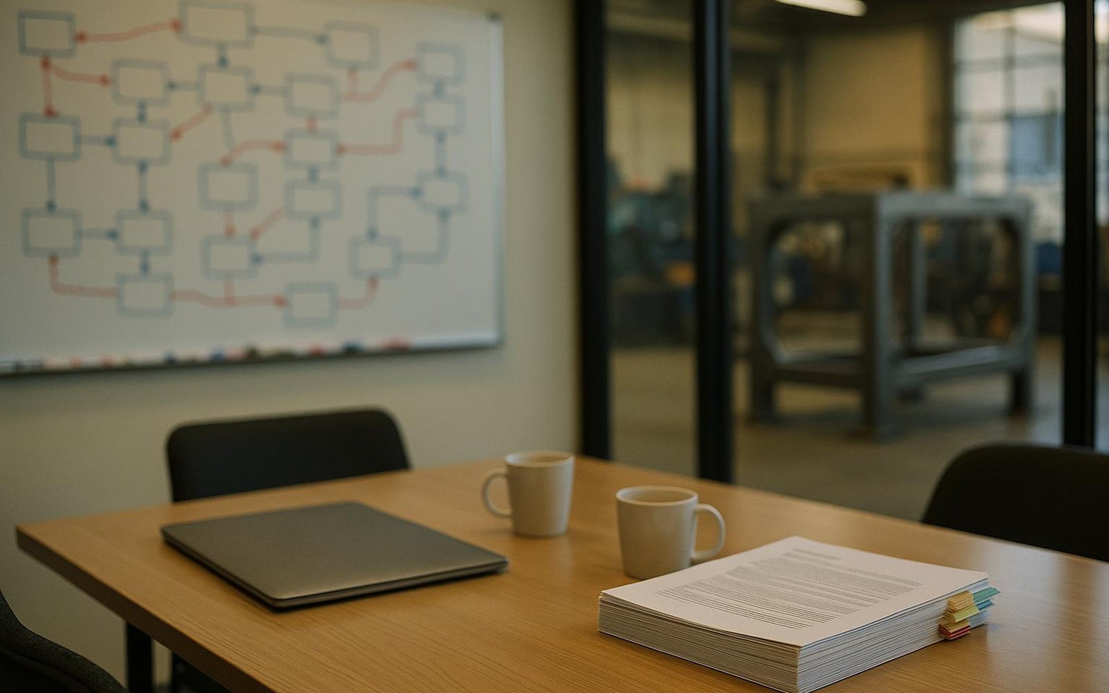CPQ vs ERP for quoting: a whiteboard of hand drawn boxes and arrows in a custom manufacturer’s office, a thick tabbed bid specification and a closed laptop on the table in front of it, the shop floor through the glass behind