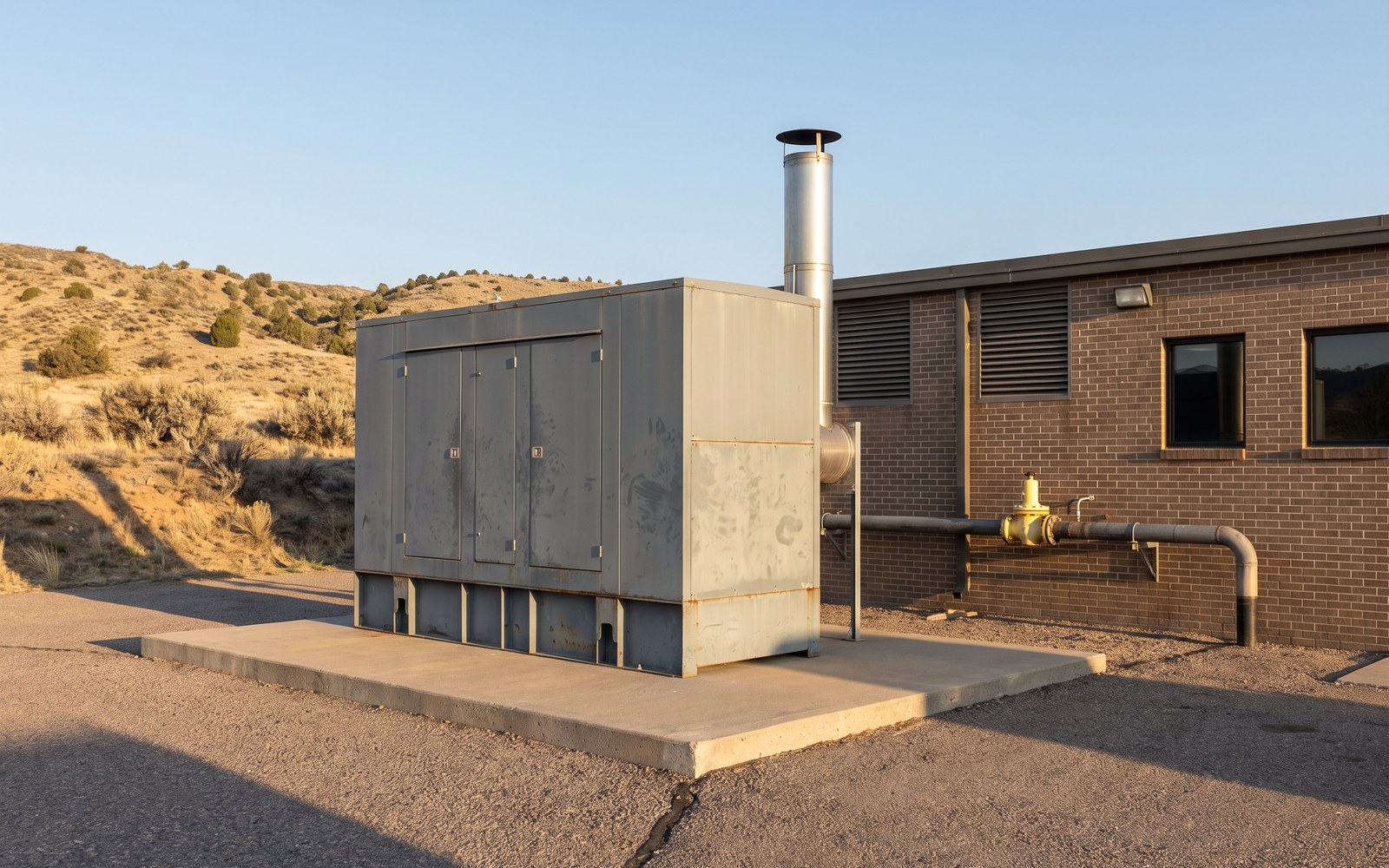 What data center generator sizing decides: a natural gas standby generator in a weatherproof steel enclosure outside a data center building