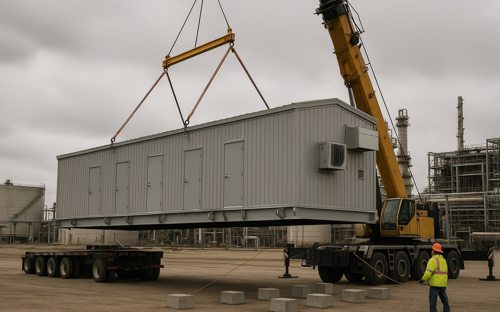 E-house specification in practice: a mobile crane lifting a prefabricated steel electrical building off a heavy-haul trailer at a plant site, with a spreader bar, an HVAC unit on the end wall and concrete blocks set out to receive it