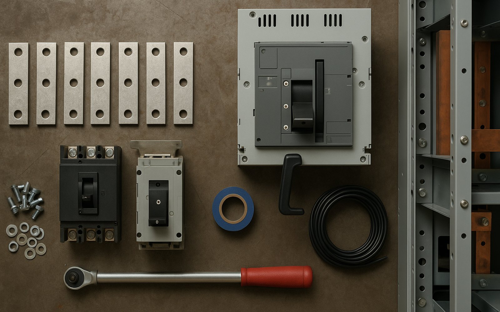 Electrical equipment quoting software: copper bus bars, a molded case breaker and a drawout power circuit breaker laid out on a factory workbench beside a partly assembled switchboard section