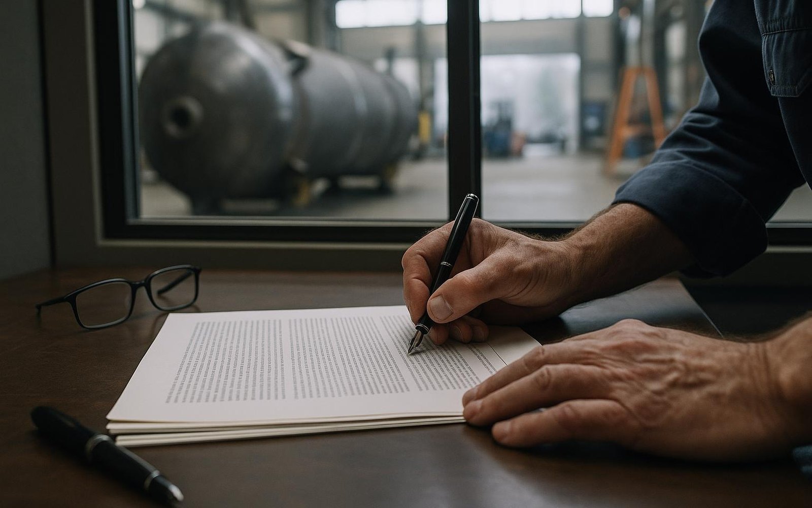 Fixed price contract risk: an estimator signing the last page of a thick printed contract at a desk in a fabrication shop office, with a large custom welded steel vessel on the shop floor through the window behind