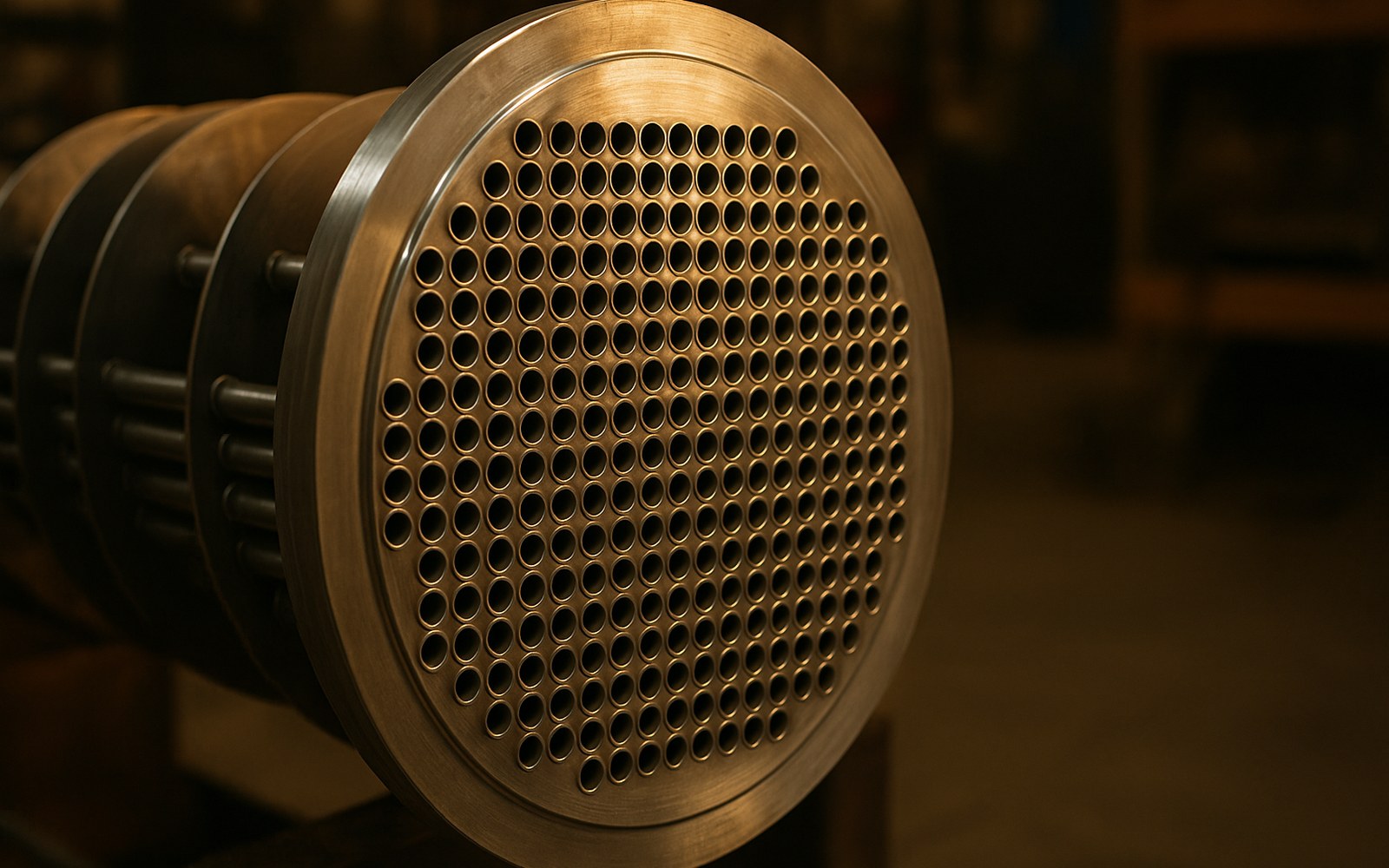 The part a heat exchanger specification sheet describes line by line: the tubesheet face of a shell and tube bundle, with hundreds of tube ends and baffle plates behind it