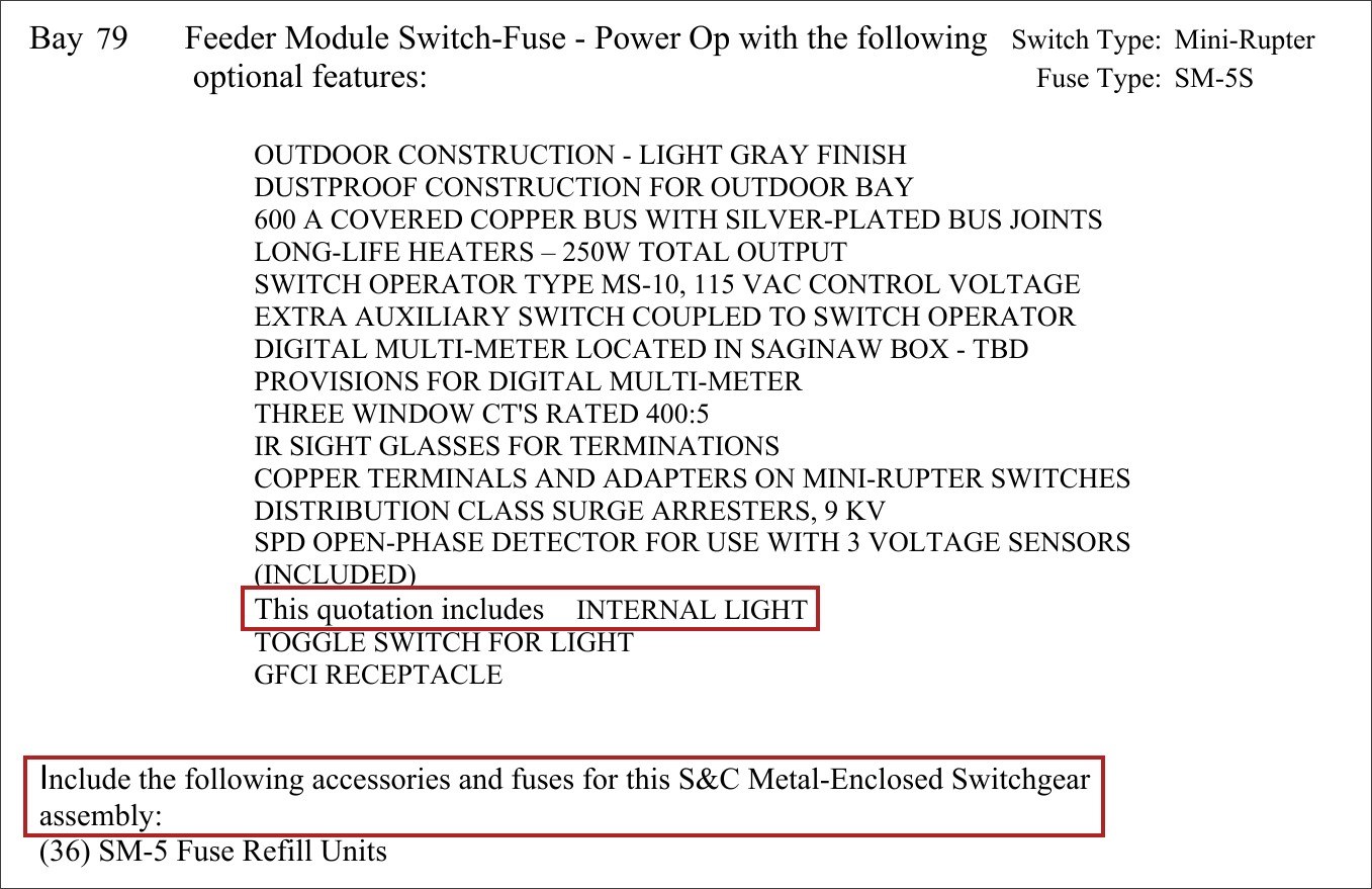 Page 12 of an Illinois medium voltage switchgear specification reading This quotation includes, and Include the following accessories and fuses for this S&C Metal-Enclosed Switchgear assembly