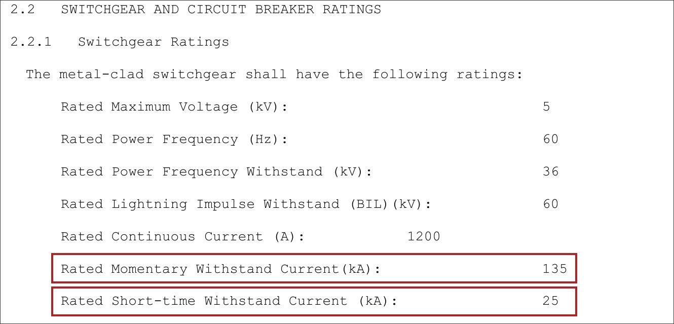 How to quote switchgear: page 9 of a public metal-clad switchgear specification listing a 135 kA momentary withstand rating next to a 25 kA short-time rating