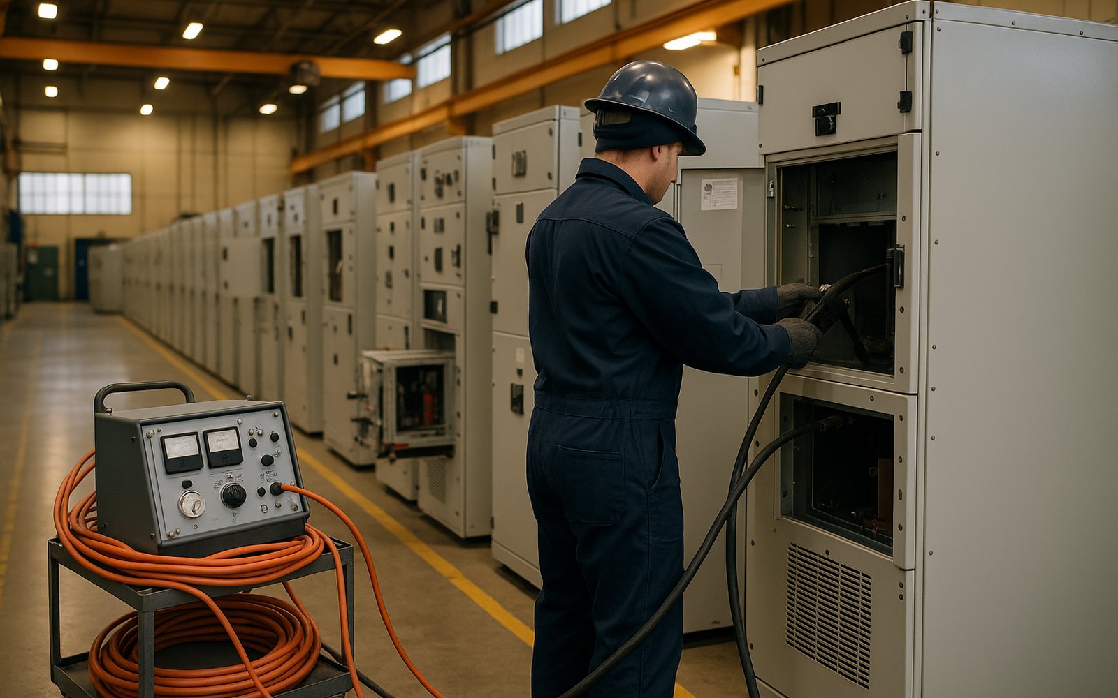 How to quote switchgear: a medium voltage switchgear lineup on a factory test floor with test leads connected, ready for a witnessed factory acceptance test