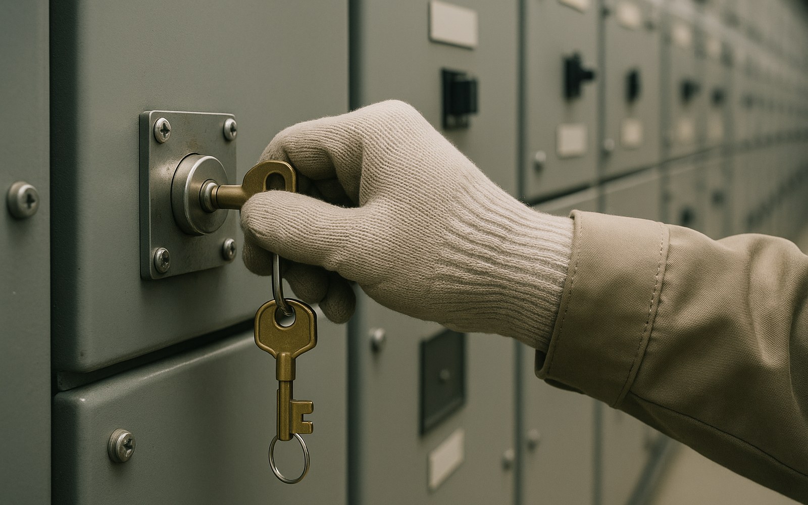 Main tie main switchgear: a gloved hand turning a brass key in a key interlock on a switchgear breaker compartment, with a second key on the ring