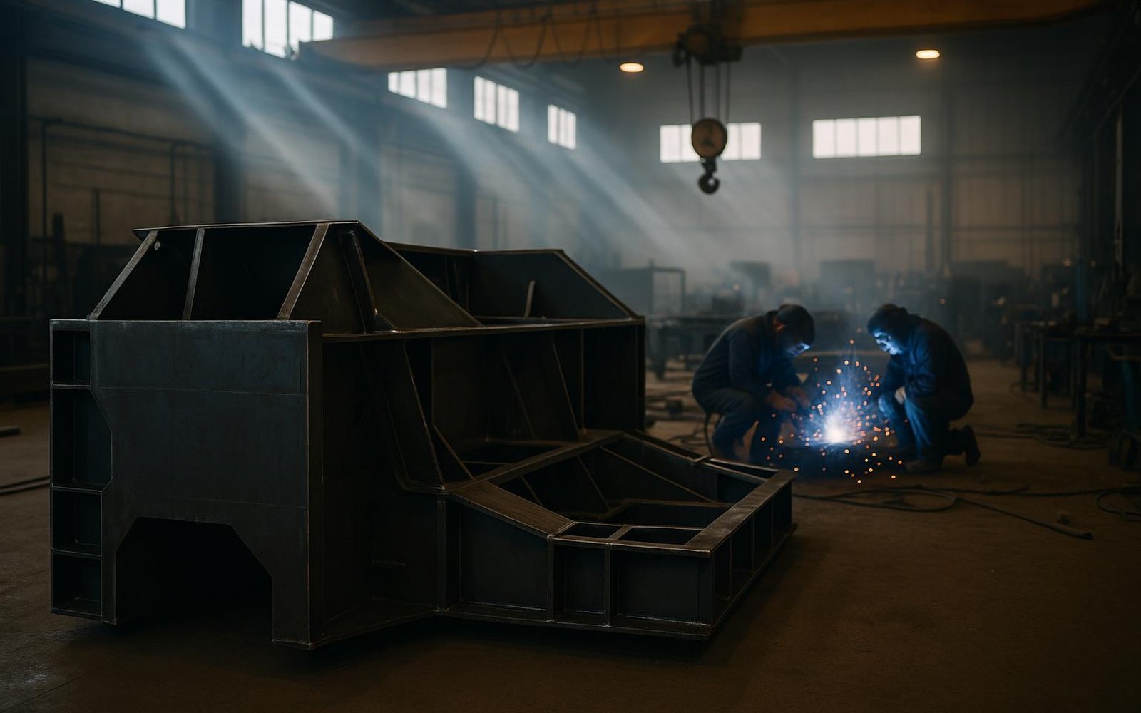 Manufacturing quoting process: a custom fabrication shop floor with a large one-off steel assembly under construction, welders at work and an overhead crane above