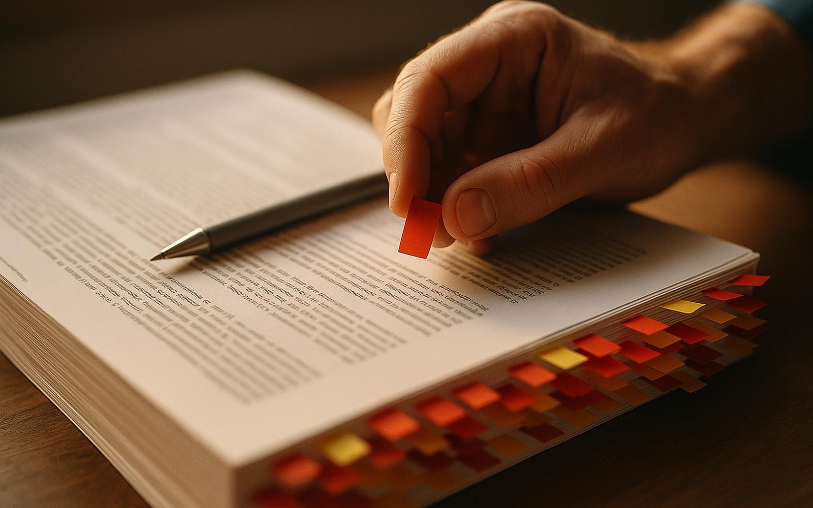 Pre bid risk assessment: an estimator’s hand placing a red flag on a page of a thick printed specification whose edge already bristles with red and yellow flags