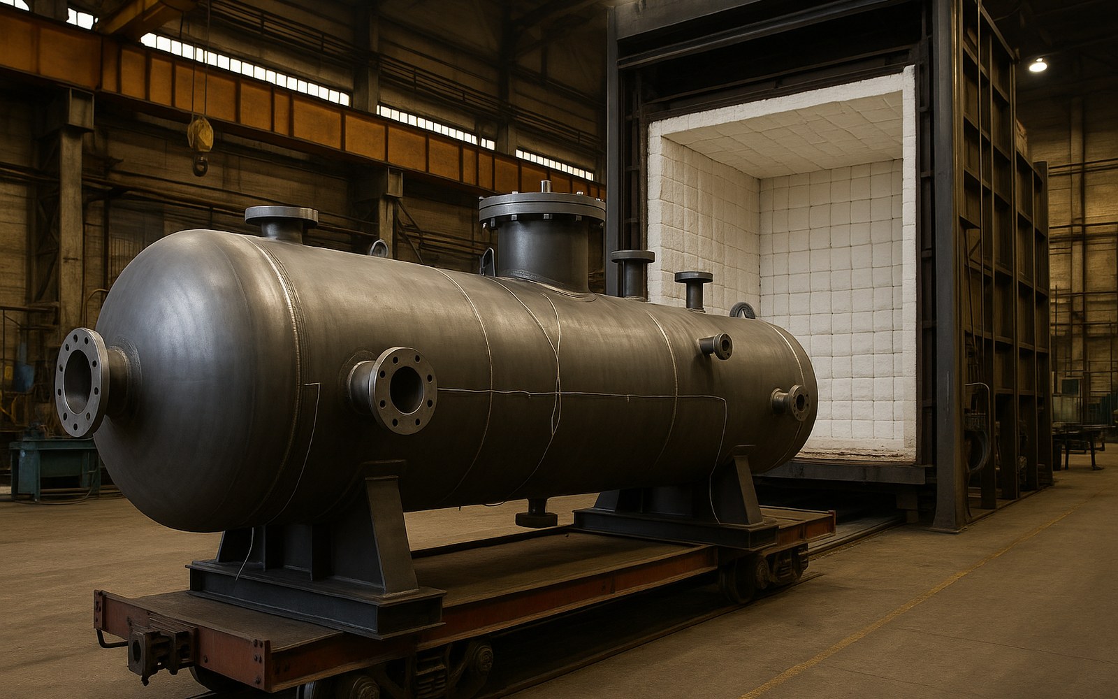 A horizontal carbon steel vessel built to a pressure vessel specification, on rail cars in front of an open post weld heat treatment furnace, with nozzles, a manway and thermocouple wires on the shell