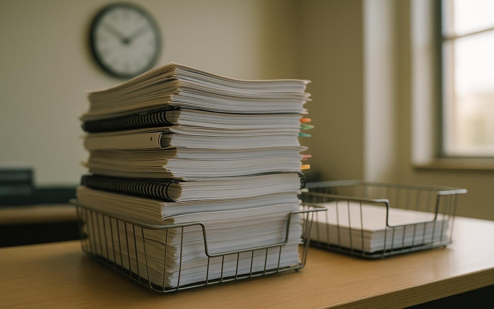 Quote turnaround time: a wire in tray on an estimating desk stacked with thick printed bid packages, a wall clock out of focus behind