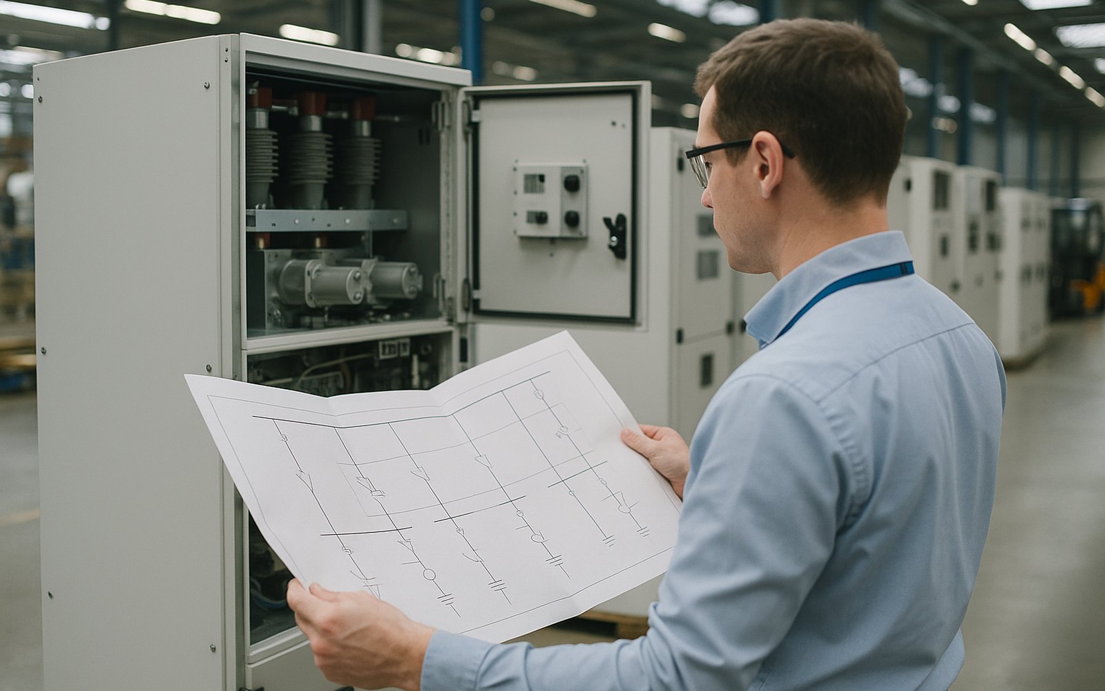 Switchgear quotation specialist comparing a printed one-line diagram with an open medium voltage switchgear section on a factory floor