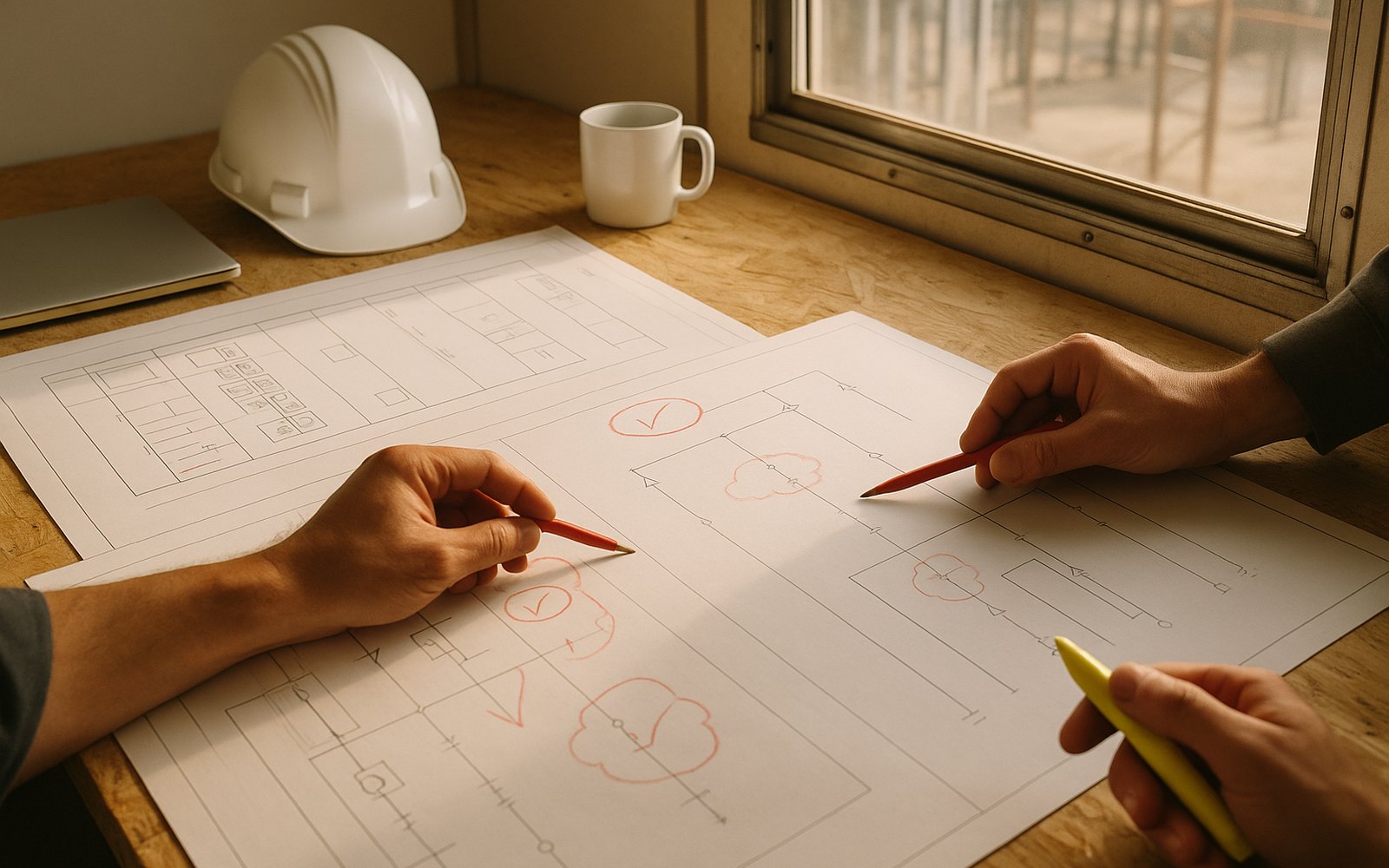 Switchgear submittal review: red pencil markups and check marks on switchboard shop drawings on a plan table in a construction site trailer