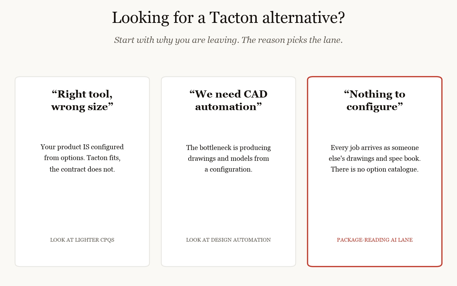 tacton alternative for custom manufacturing: three reasons for leaving mapped to three different lanes