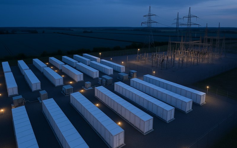 An aerial view at dusk of rows of white battery enclosures and inverter skids beside a high voltage substation