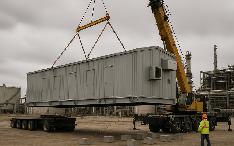 A mobile crane lifting a prefabricated steel electrical building off a heavy-haul trailer at a plant site
