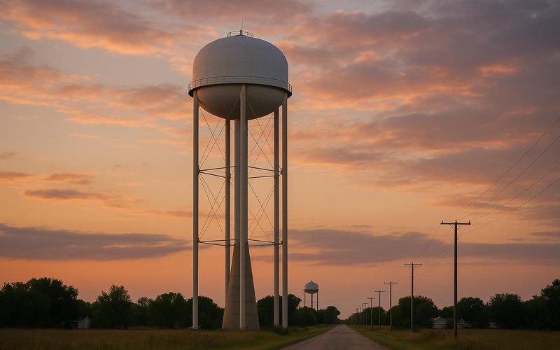 a composite elevated water storage tank against a dusk sky