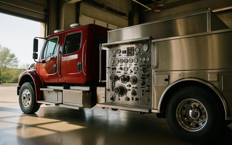 a new custom stainless steel pumper with its pump panel, parked in a fire station bay