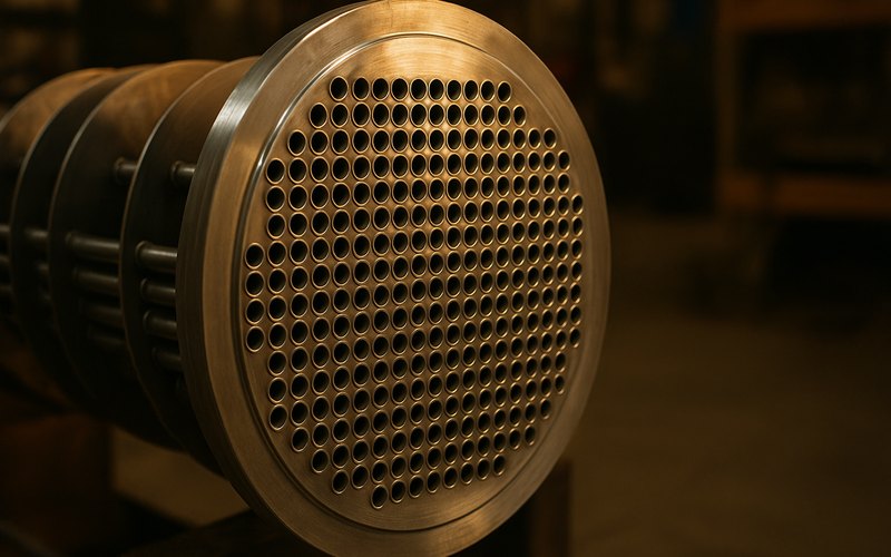 The tubesheet face of a shell and tube bundle, with hundreds of tube ends and baffle plates behind it