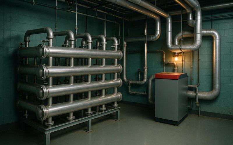 a bank of stainless heat exchangers and a boiler in a wastewater plant mechanical room