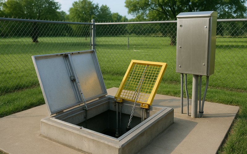 A municipal sewage lift station with its aluminum wet well hatch open and the pump control panel beside it