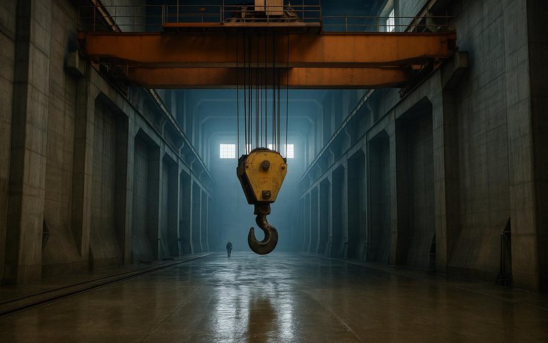 the hook block of a large overhead bridge crane inside a concrete dam gallery