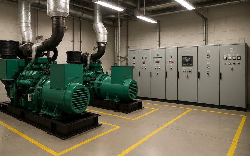 Paralleling switchgear in a generator room: two green diesel generator sets in front of a gray low voltage lineup