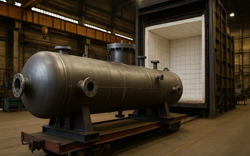 A horizontal carbon steel vessel on rail cars in front of an open post weld heat treatment furnace