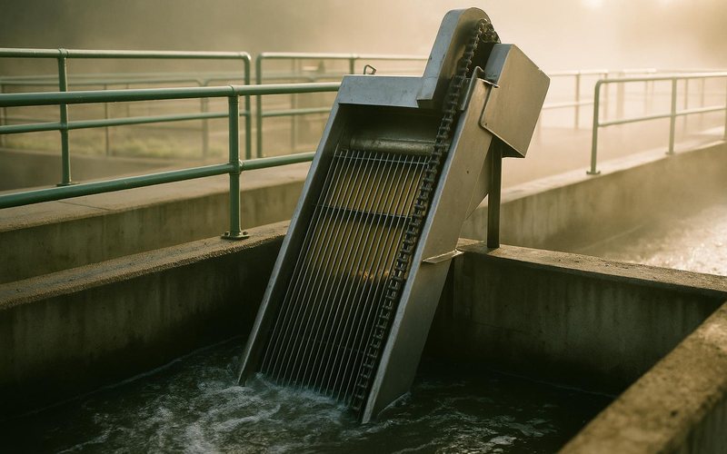 a stainless steel bar screen in a wastewater plant headworks channel