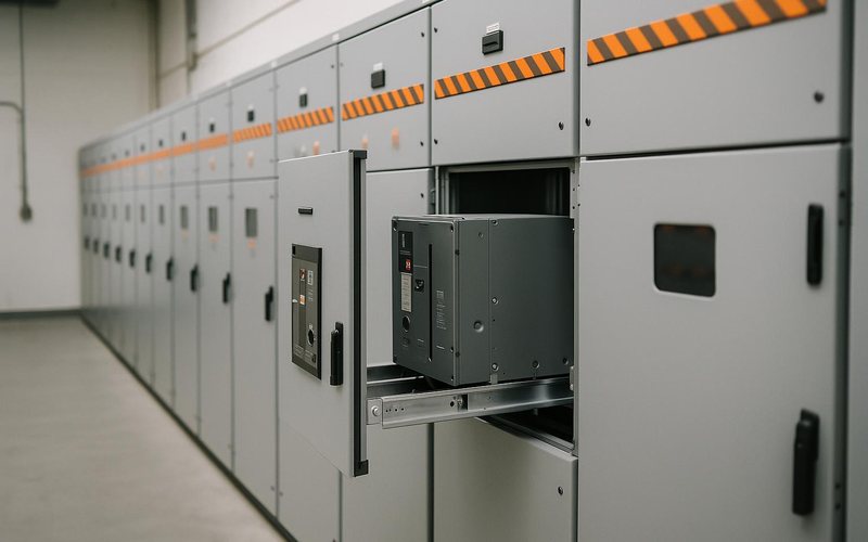 a lineup of medium voltage switchgear cabinets with one door open