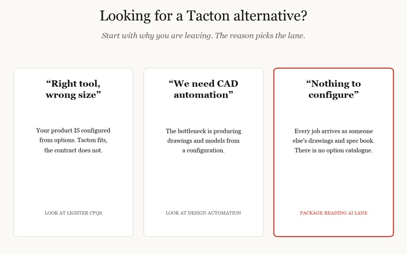 tacton alternative for custom manufacturing: three reasons for leaving, three different lanes
