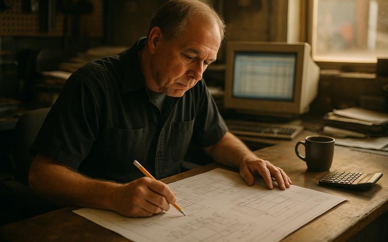 an experienced estimator reading a paper drawing with a pencil at a desk in a fabrication shop office