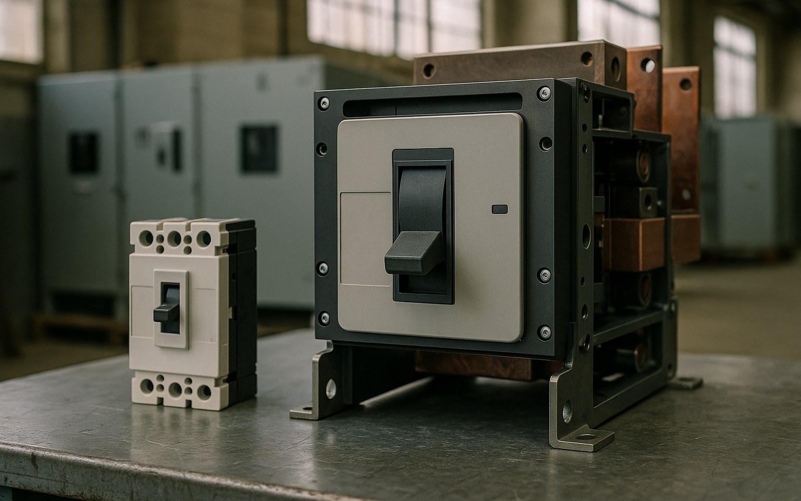 UL 891 vs UL 1558: a small molded case circuit breaker standing beside a much larger drawout power circuit breaker on a workbench in a switchgear shop