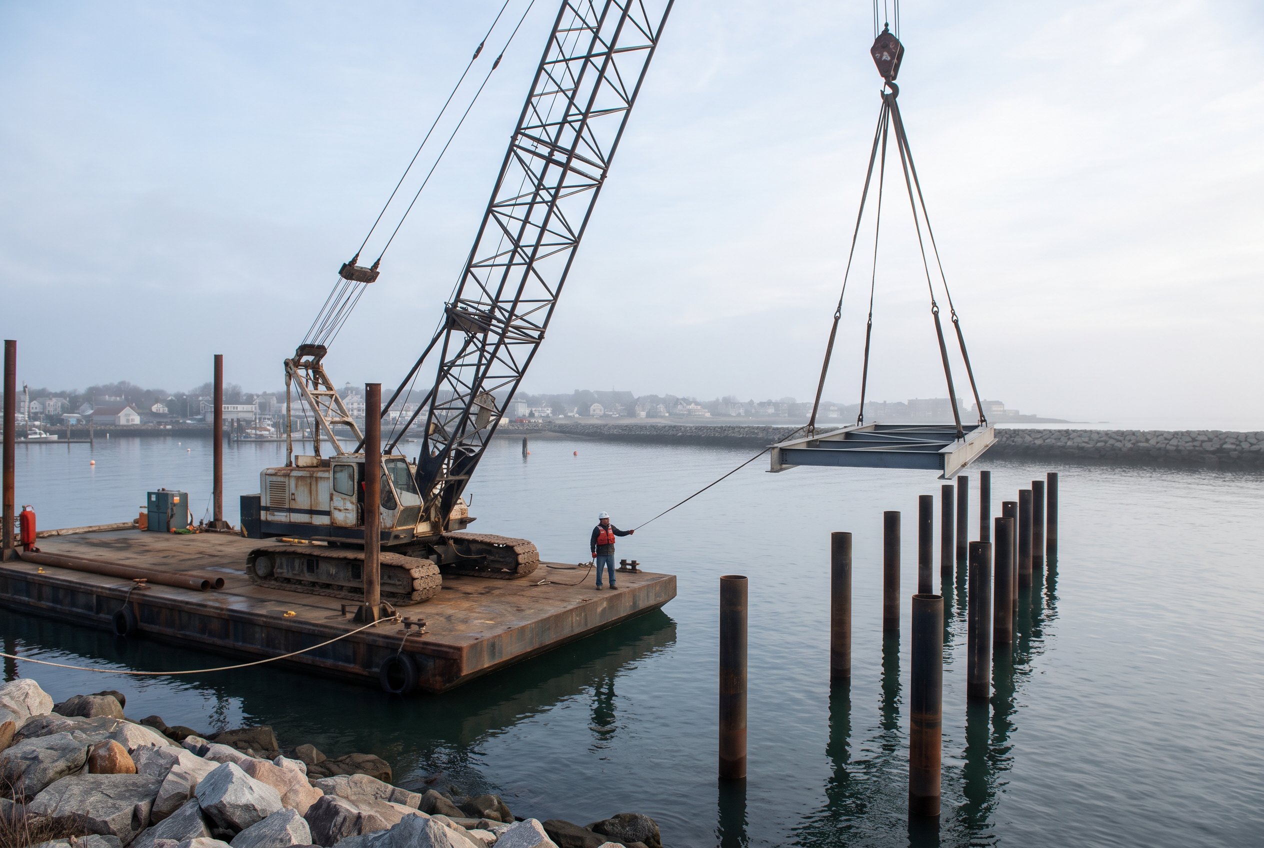 A crane lowering a prefabricated pier section onto new piles at a waterfront construction site, AI quoting case study